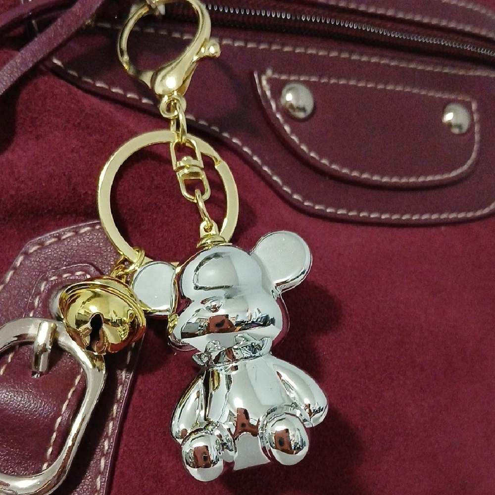 Silver Bear Bag Charm Keychain with Gold Accents